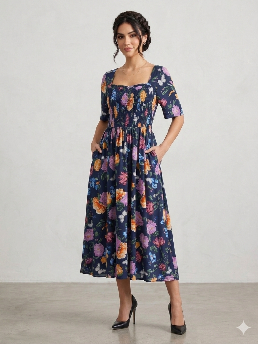 Torrid Navy Floral Square-Neck Midi Dress Size 1x ( 14-16) - Picture 2 of 6